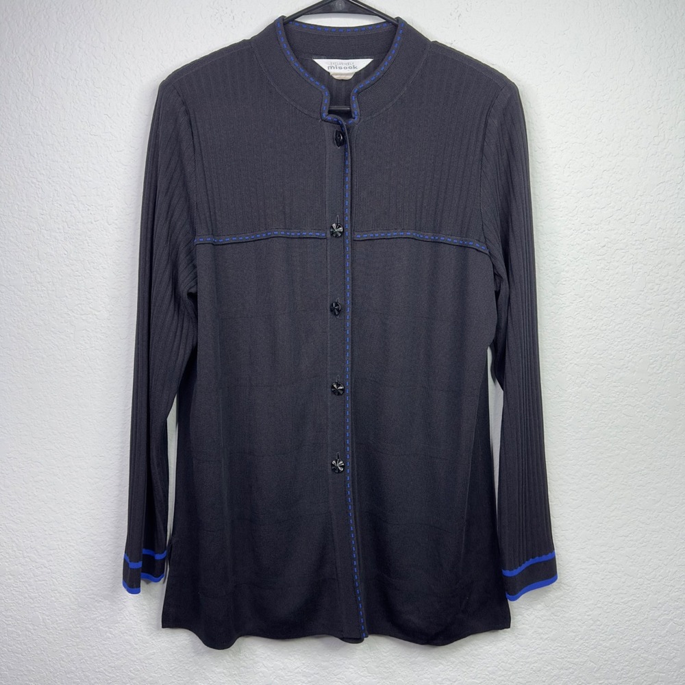 Exclusively Misook Cardigan Women XL Black Ribbed Knit Minimalist Classic Career